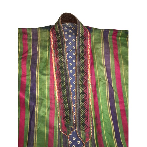 380 - Vintage Traditional Afghan Long Jacket/Coat - In Green Blue and Red stripes with Gold Pining. Embroi... 