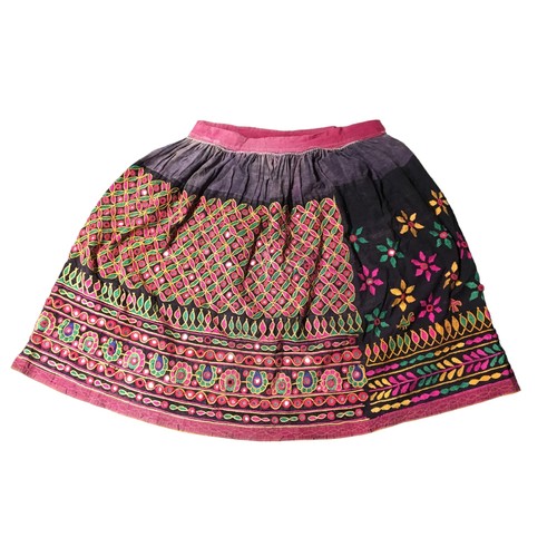 378 - Northern Indian Mirrored detail Vintage skirt, Black ground with Pink and Green Geometric and Floral... 