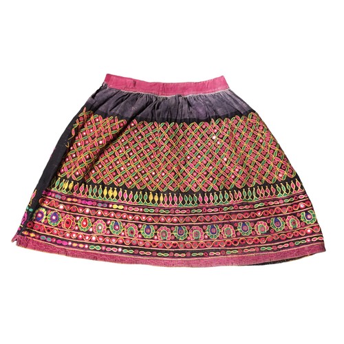 378 - Northern Indian Mirrored detail Vintage skirt, Black ground with Pink and Green Geometric and Floral... 