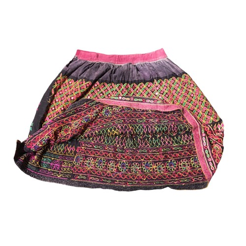 378 - Northern Indian Mirrored detail Vintage skirt, Black ground with Pink and Green Geometric and Floral... 