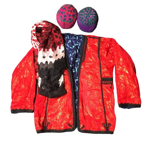 377 - Kurdish Skull caps x 2, 1 x Jacket Red with Black Traditional Stitch work and 1 x Sheer Scarf (light... 