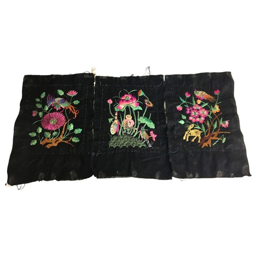 375 - Vintage Oriental Hand Stitched panels x 3. Fauna and Flora Designs on a Black Fabric with Silk Stitc... 