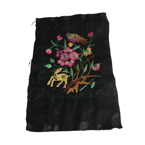 375 - Vintage Oriental Hand Stitched panels x 3. Fauna and Flora Designs on a Black Fabric with Silk Stitc... 