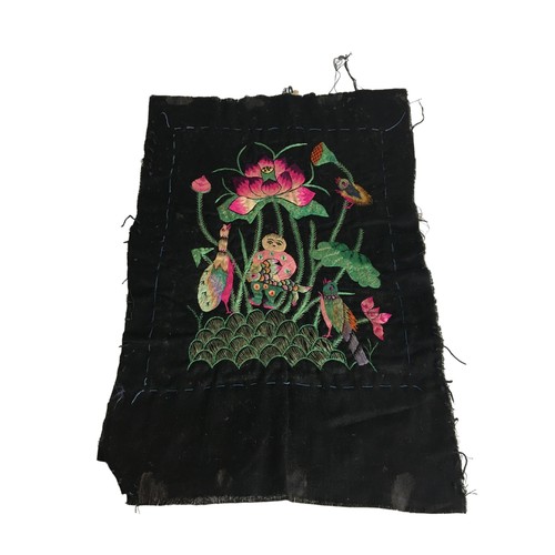 375 - Vintage Oriental Hand Stitched panels x 3. Fauna and Flora Designs on a Black Fabric with Silk Stitc... 