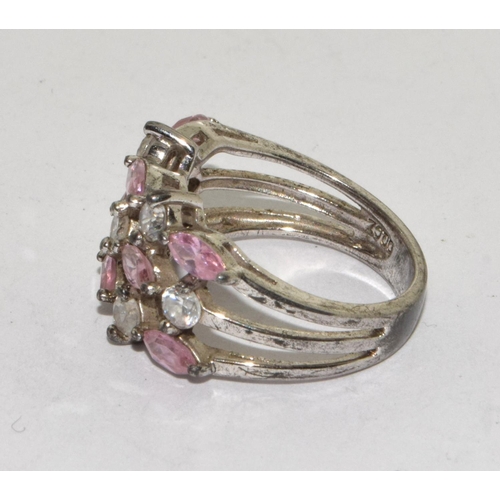 206 - 925 silver ladies 3 row pink and clear stone ring size M