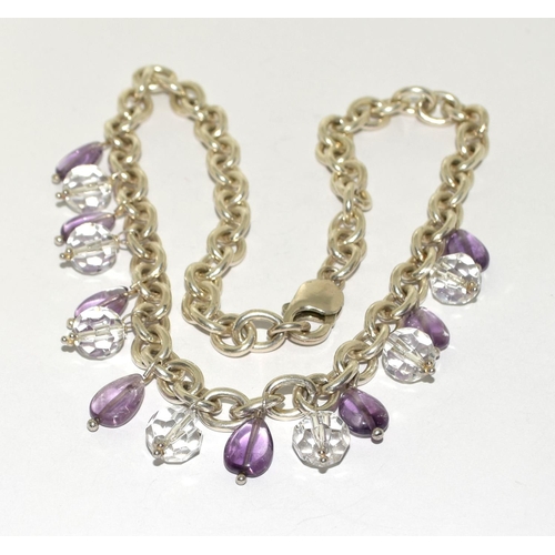 212 - Ladies Sterling Silver Necklace. Set with Purple & Clear Crystal Drops. Gross Weight -70.0g.