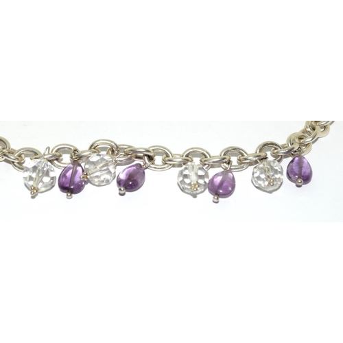 212 - Ladies Sterling Silver Necklace. Set with Purple & Clear Crystal Drops. Gross Weight -70.0g.