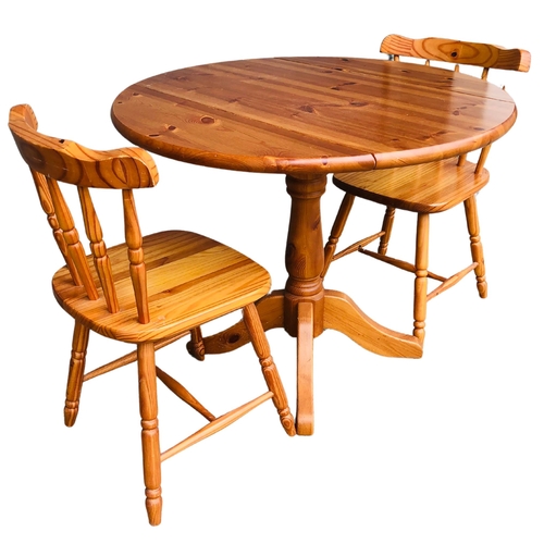 2 - Pine drop leaf breakfast room Table on column support with 4 sabre legs & Two ChairsHeight 76cm ... 