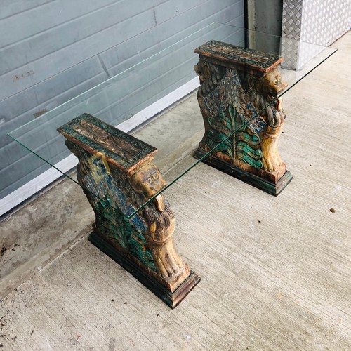 18 - Stunning very heavy Indonesian Wooden Table supports with Glass Top in lion form and traditional pai... 