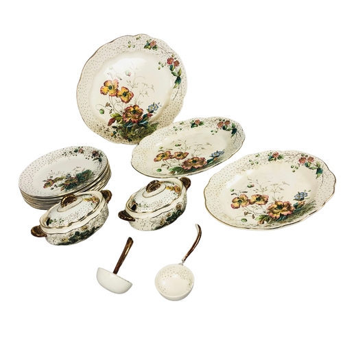 43 - SH & Sons Poppy design Late 19th C  3 servine plates and 2 tureens with lids & original spoo... 