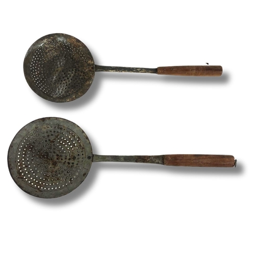 337 - Two Iron Chestnut Roasting Spoons with Wooden Handles