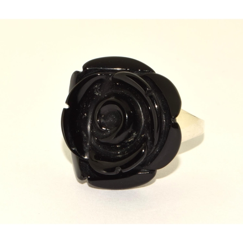 379 - 925 silver ladies large carved flower design ring size O