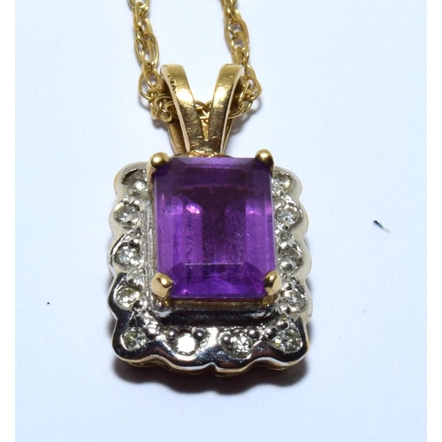 266 - 9ct gold Diamond and Amethyst pendant on a 9ct gold chain of 41cm long