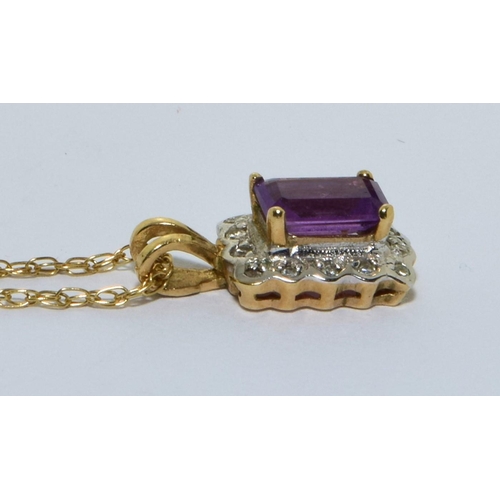 266 - 9ct gold Diamond and Amethyst pendant on a 9ct gold chain of 41cm long