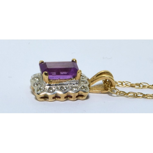 266 - 9ct gold Diamond and Amethyst pendant on a 9ct gold chain of 41cm long