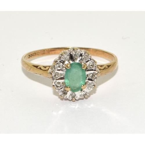 273 - 9ct gold ladies Emerald and Diamond cluster ring size P