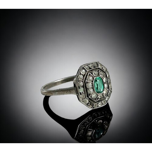 220 - An Art Deco white metal ladies ring. set green & white stones (one missing). Together with a ste... 