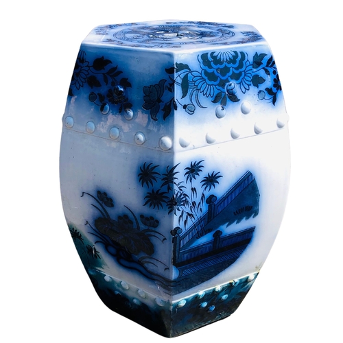 18 - Chinese Circa 1920's Hexagonal Blue and White Garden Seat.