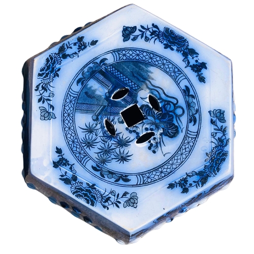 18 - Chinese Circa 1920's Hexagonal Blue and White Garden Seat.