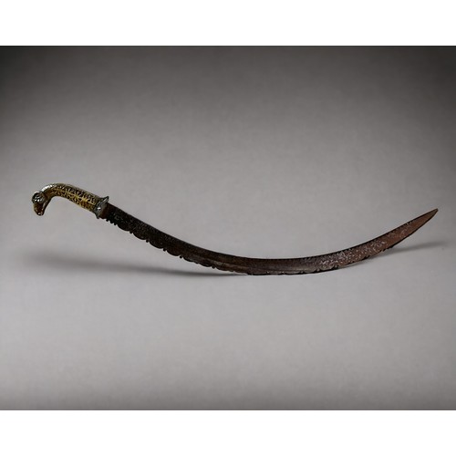 524 - Antique Sikh Tulwar Sword, Rams Headed Brass Handle 19th Century or earlier. Serrated Highly Curved ... 