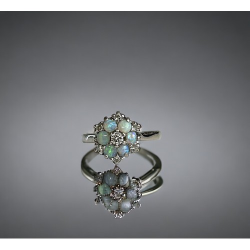 502 - An 18ct white gold, Opal and Diamond ring.Flower design, set with six opal's and central round cut d... 