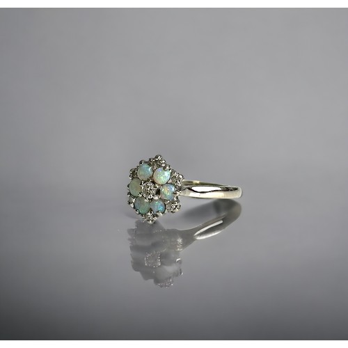 502 - An 18ct white gold, Opal and Diamond ring.Flower design, set with six opal's and central round cut d... 