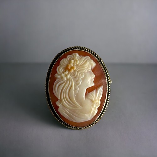 503 - A 9ct Gold carved cameo brooch. Full hallmarks.27 x 22mm