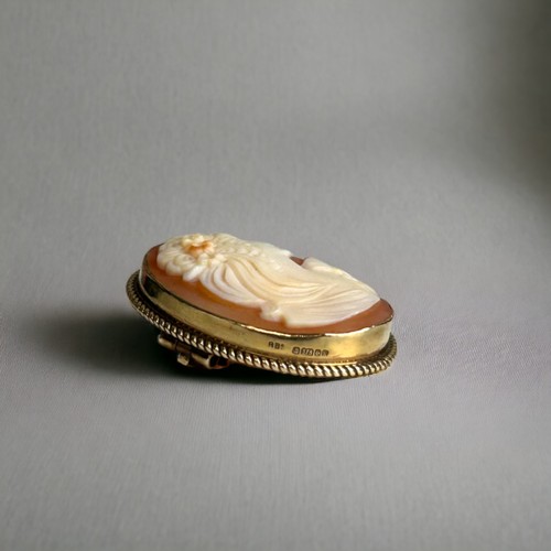 503 - A 9ct Gold carved cameo brooch. Full hallmarks.27 x 22mm