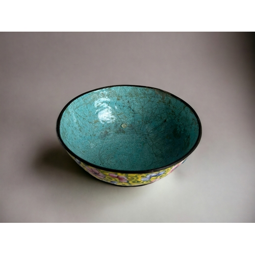 57 - A Chinese hand painted enamel bowl.Qing dynasty. Yellow ground with foliate design with red 'Long li... 