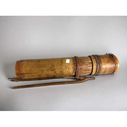 525 - A bamboo Iban blowpipe dart quiver, complete with a wooden hanging hook. The lid secured with plaite... 