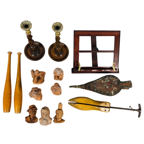 83 - Collection of early 20thC wooden items to include oak barley twist candlesticks,