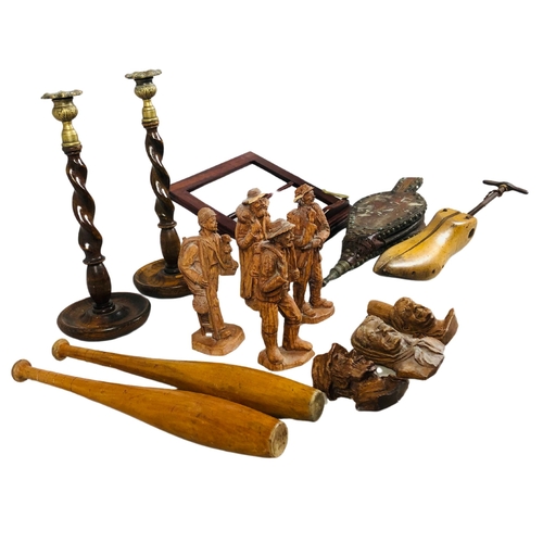 83 - Collection of early 20thC wooden items to include oak barley twist candlesticks,