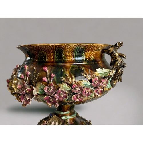 507 - A large French Barbotine Palissy style Jardiniere.Encrusted with flowers and entwined Snake to stem ... 