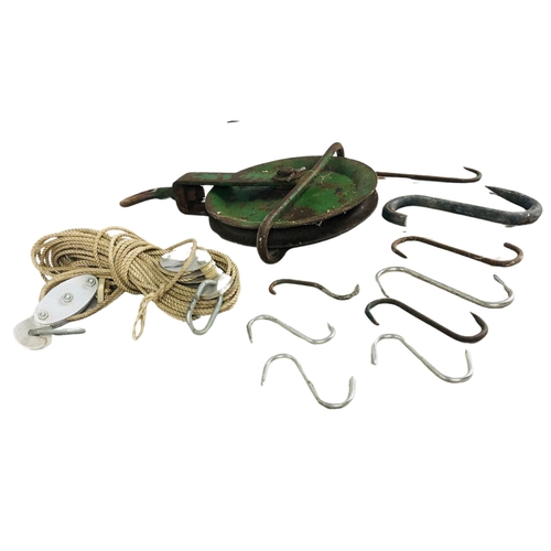 172 - Meat Hooks and a vintage pulley