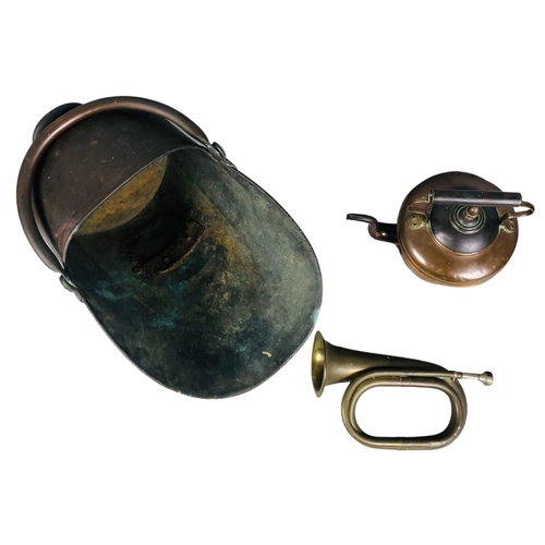 347 - Copper Coal Bucket, Kettle & Brass Bugle