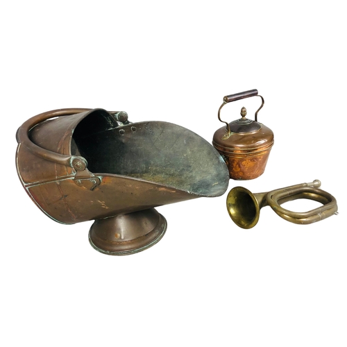 347 - Copper Coal Bucket, Kettle & Brass Bugle