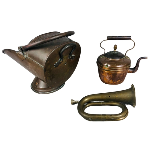 347 - Copper Coal Bucket, Kettle & Brass Bugle