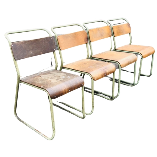 14 - 4 vintage metal framed stacking chairs, ply to seat and back.