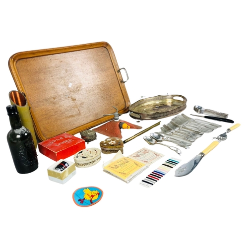 64 - Collection of Items including Oak Wood Butlers Tray, Utensils, Garden Sprinkler Etc