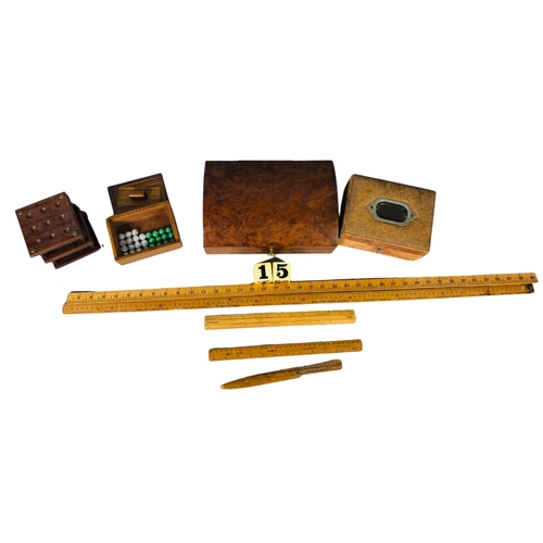 65 - Collection of Wood Items including Three Tier Solitaire Game, Wooden Rulers Etc.