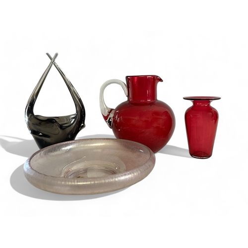 242 - A collection of glass. Including cranberry jug & vase. Iridescent glass bowl and scandinavian ce... 