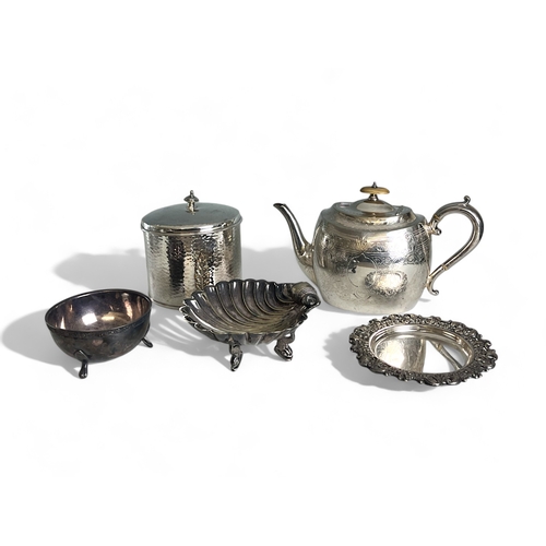 246 - A collection of Victorian silver plate. To include an Atkin brothers engraved teapot, A silver on br... 