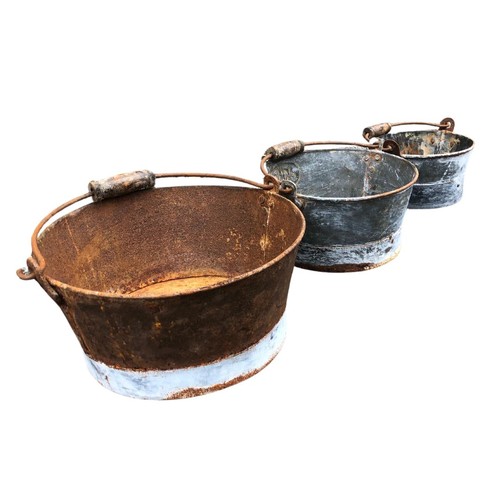 303 - Three Small Galvanised Metal Planters with Wooden Handles ref 77