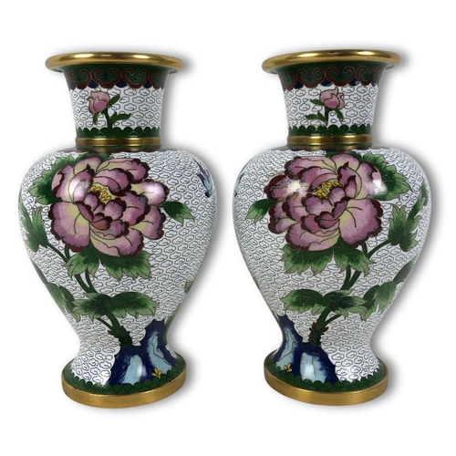 325 - Two vintage Cloisonne Vases. Baluster form, with finely detailed Peony blossoms.