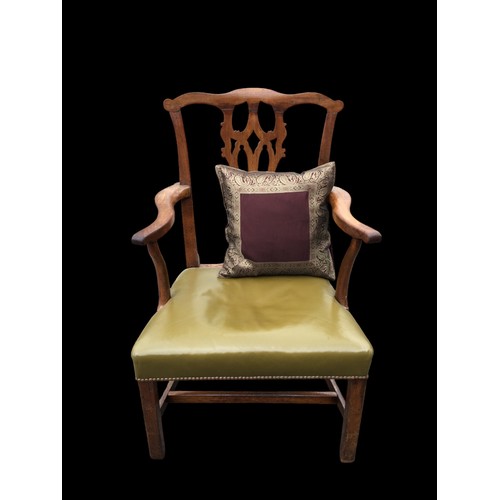 387 - 19th Century Blonde Mahogany Carved Backed Carver Chair and Cushion. Having Leatherette and Studded ... 