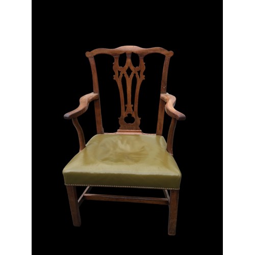 387 - 19th Century Blonde Mahogany Carved Backed Carver Chair and Cushion. Having Leatherette and Studded ... 