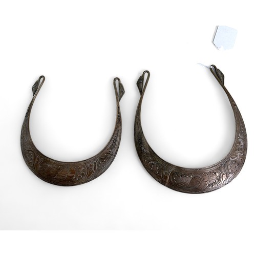 442 - Two Thai Silvered neck ring (torque).Engraved with birds and flora.