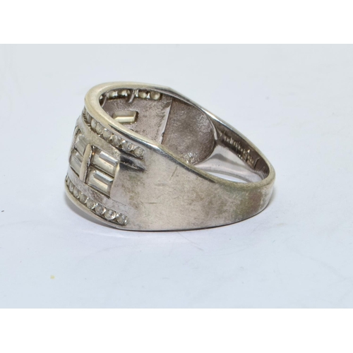 218 - 925 silver band set with baguette centre stones size S  