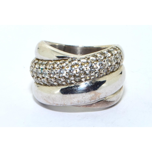 219 - 925 silver double sweep with clear stone pattern statmente ring size O