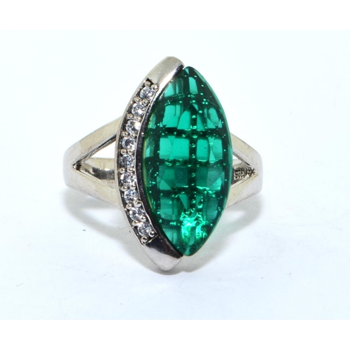 222 - 925 silver Designer ring as an off set marquise shape emerald colour ring size N